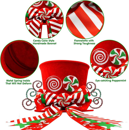 Christmas Candy Canes Tree Topper Red Hat with Peppermint Bows Ornament Winter Lollipop Holiday