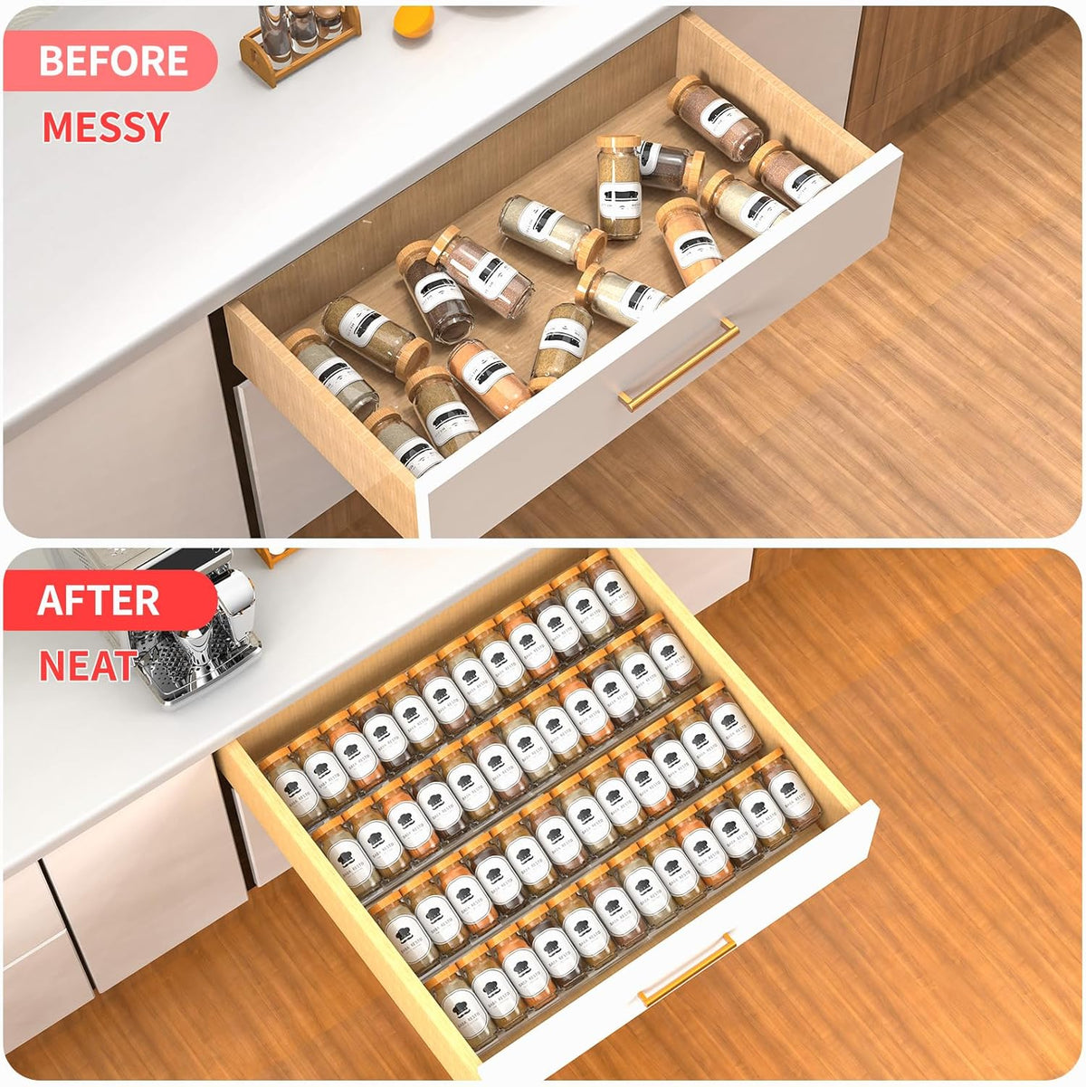 2-Tier Non-Slip Spice Drawer Organizer, 2-Pack Checkered Frosted Clear Acrylic, Expandable