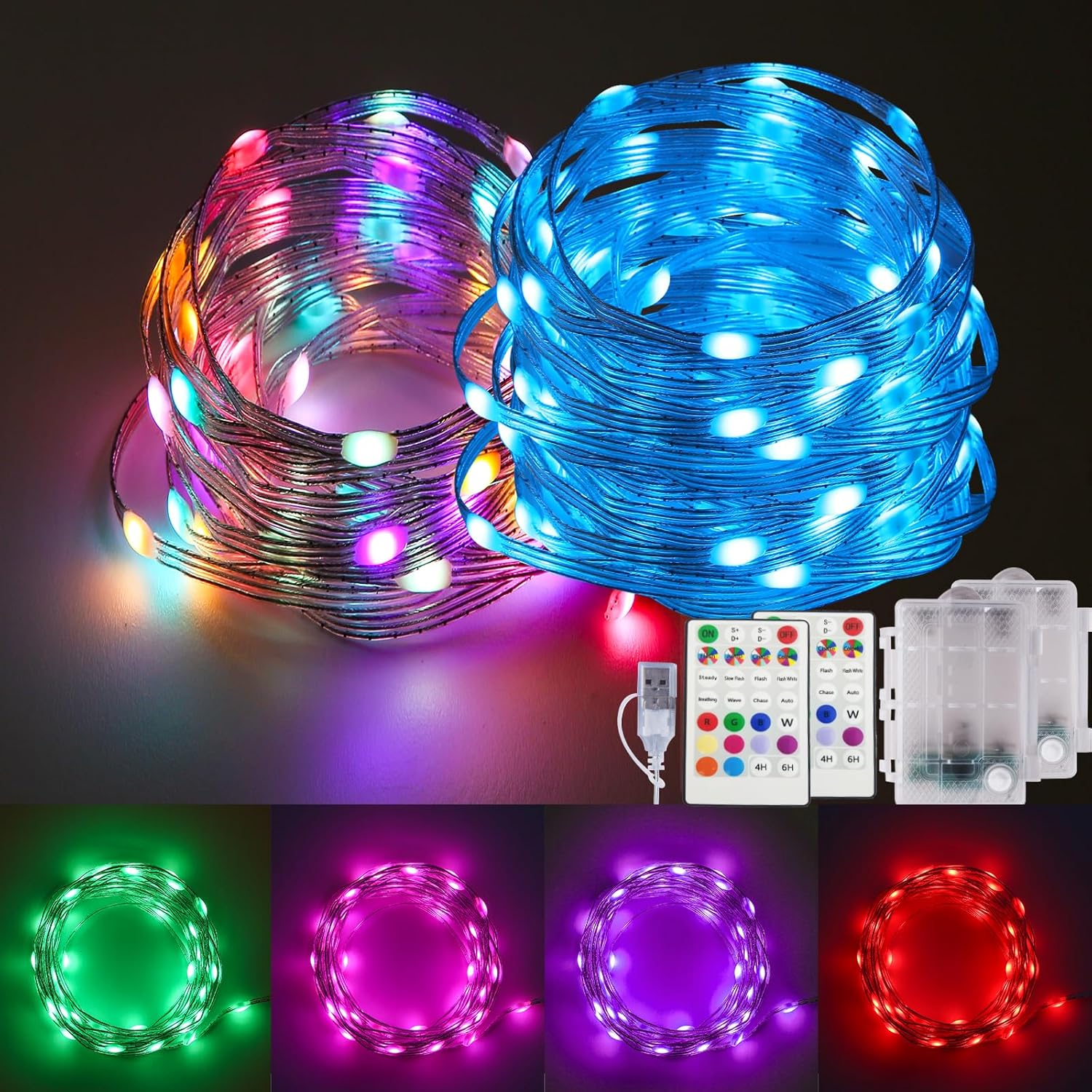 Fairy Lights Battery Operated Color Changing String Lights with Remote, 16.4FT 2 Pack Twinkle