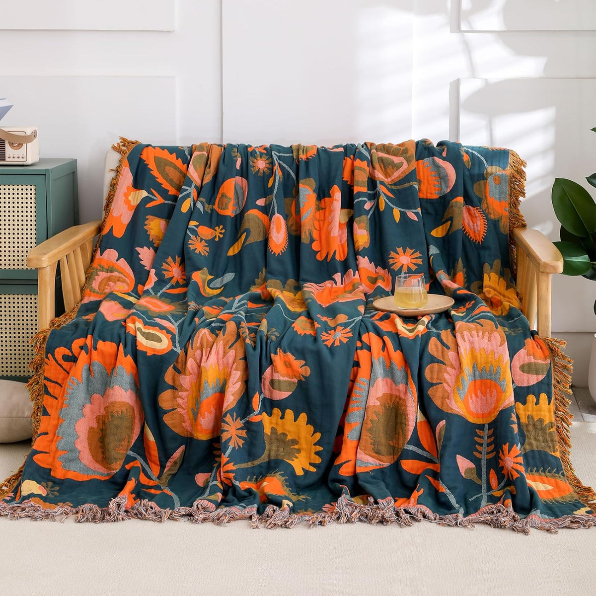 Snycler Boho Throw Blanket for Bed, 100% Organic Cotton Muslin Soft Throw-Orange Boho Floral