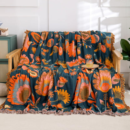 Snycler Boho Throw Blanket for Bed, 100% Organic Cotton Muslin Soft Throw-Orange Boho Floral