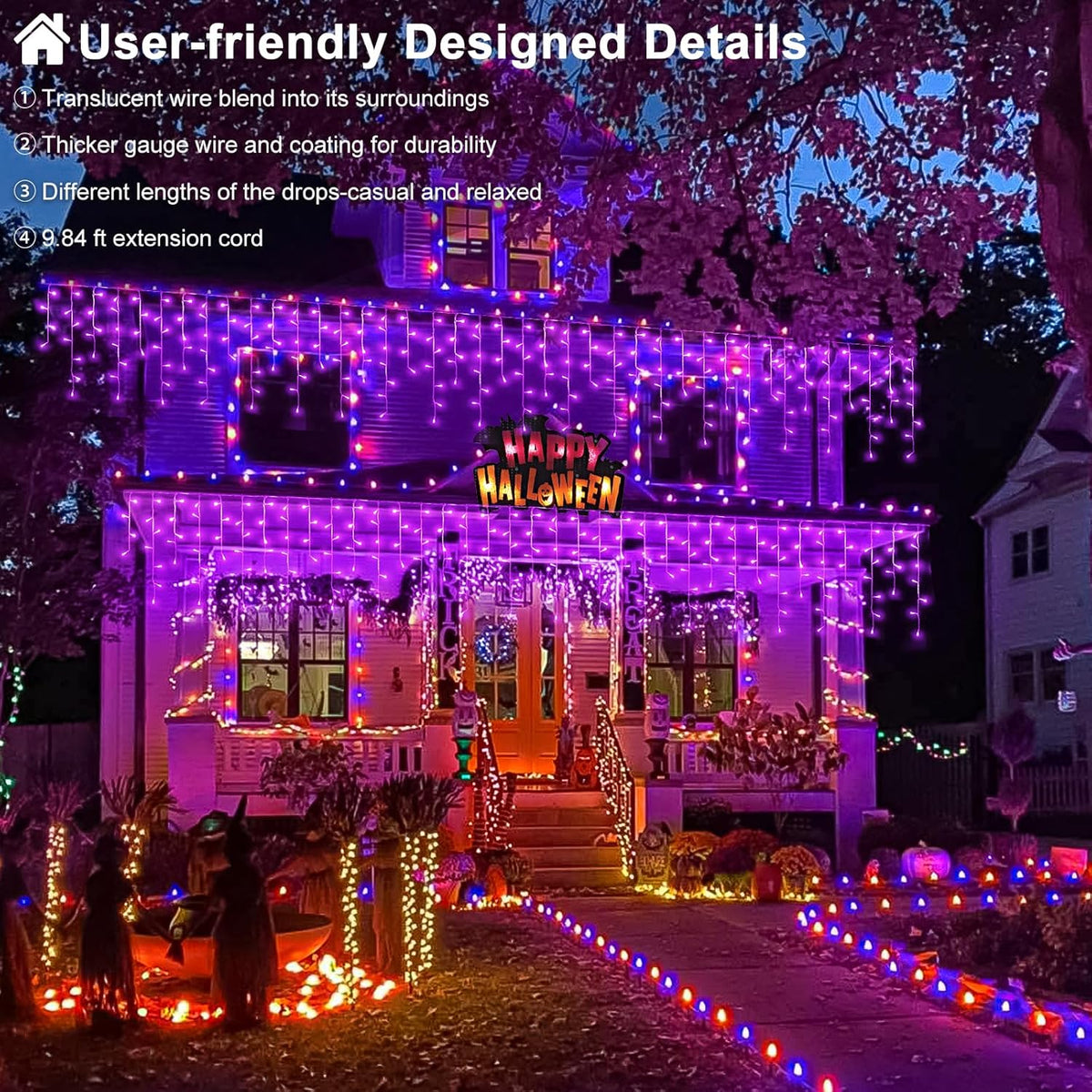 66ft Purple Halloween Lights Outdoor, 640 LED Icicle Lights for Outside Indoor Twinkle Lights with