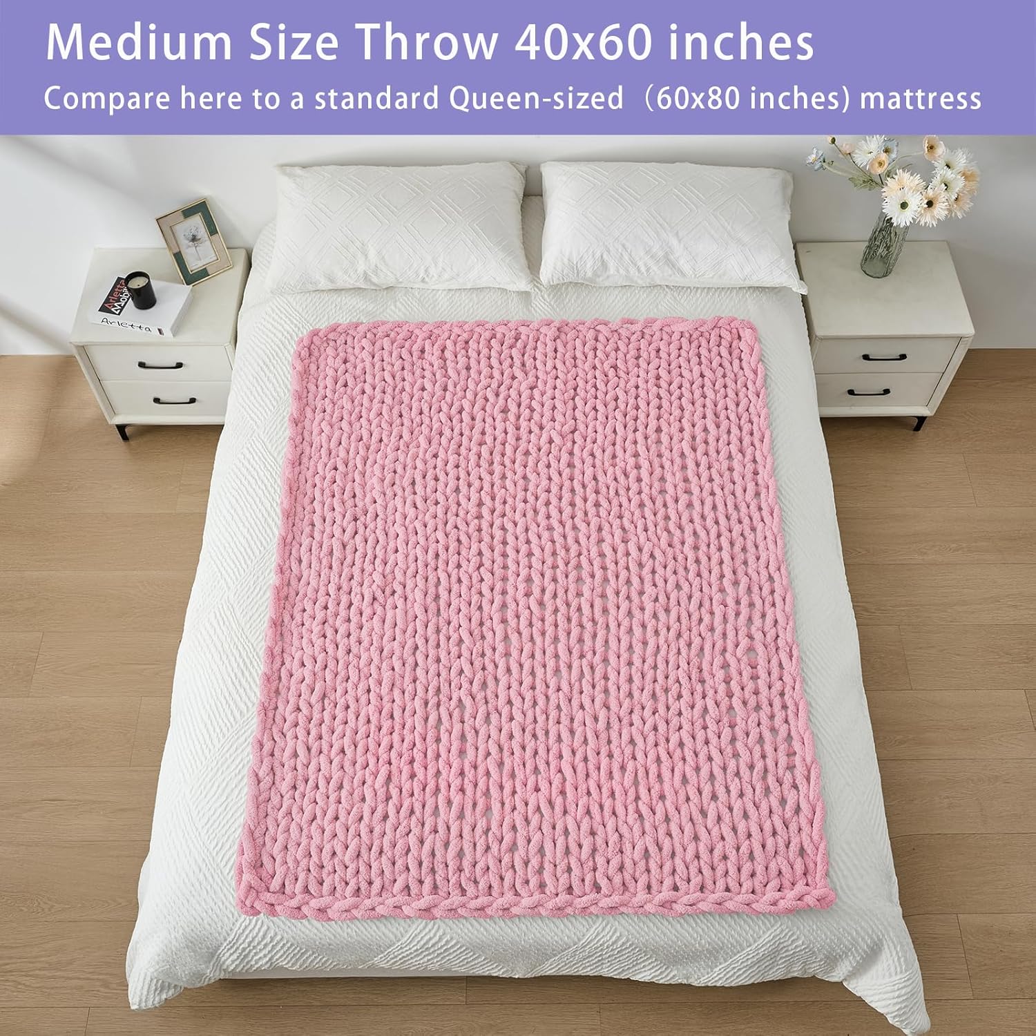 Bigacogo Chunky Knit Throw Blanket for Couch, 40x60 inches, 100% Hand Knitted with Thick Jumbo