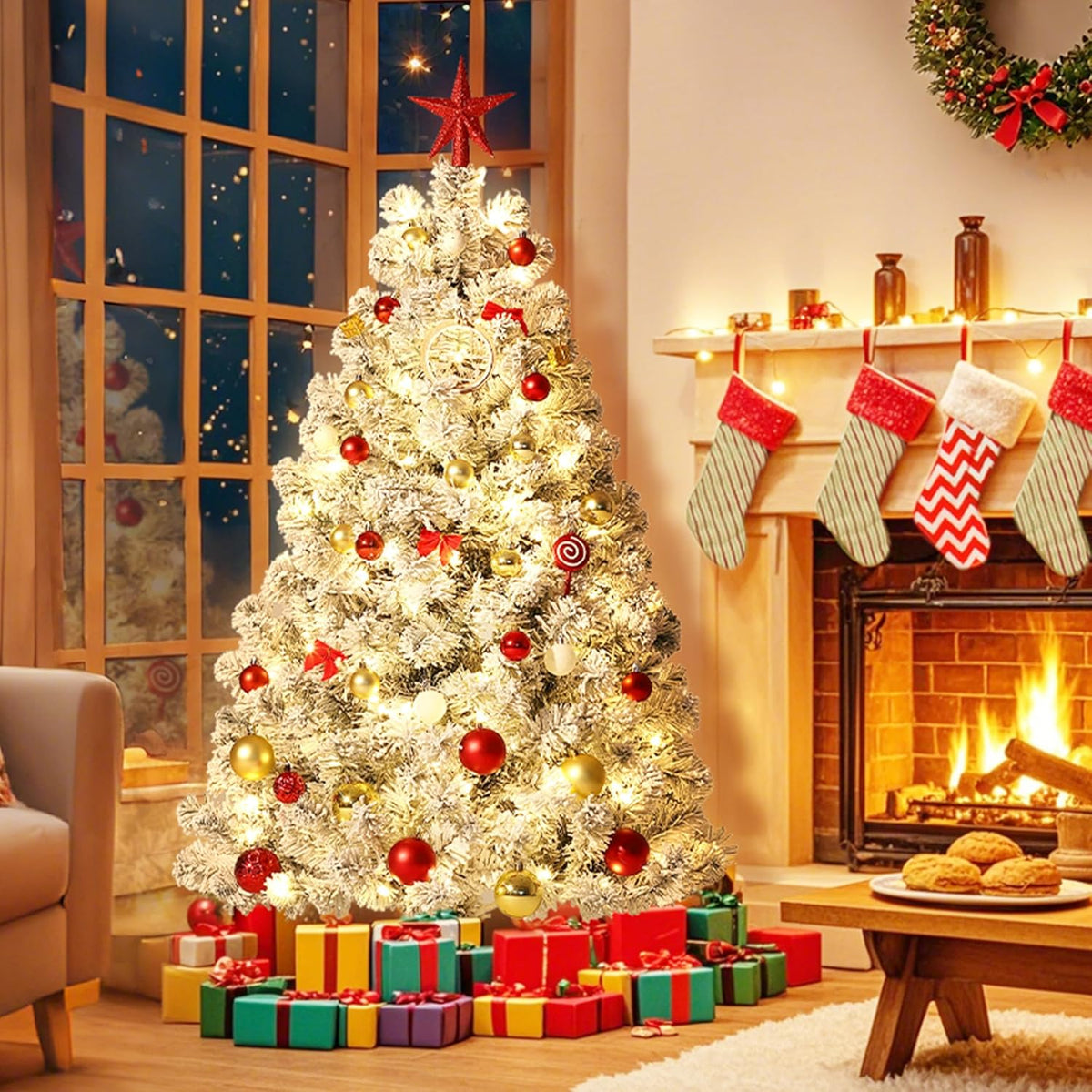 GarveeHome 6ft Prelit Artificial Christmas Tree with Warm White Lights, Snow Flocked Full Xmas Tree