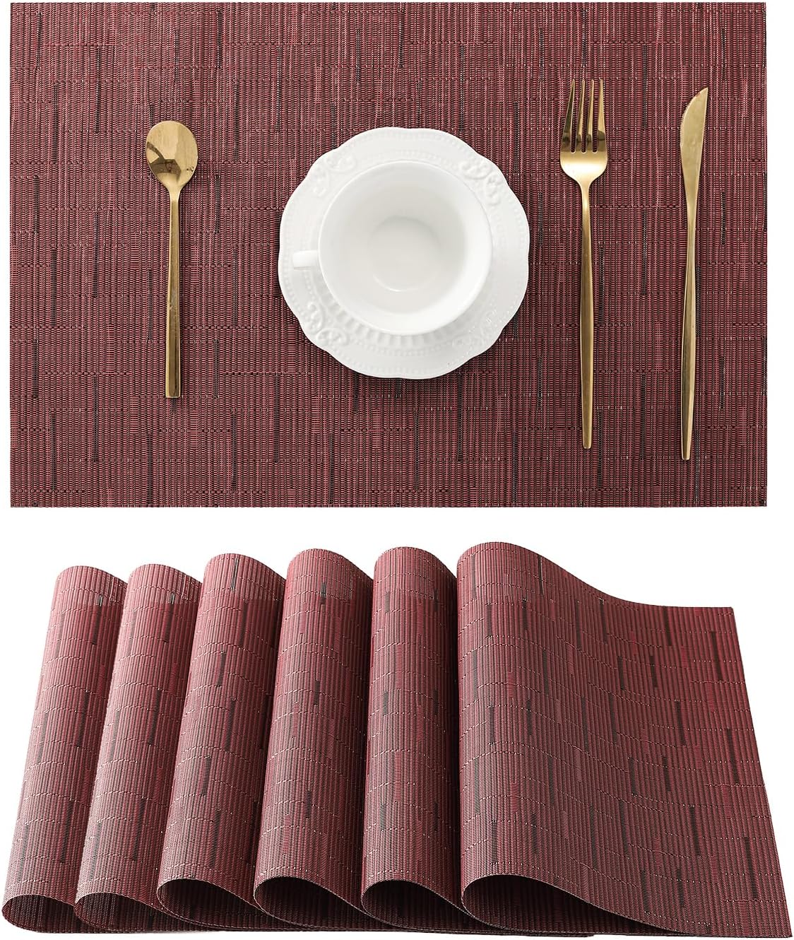 Leetaltree Burgundy Placemats Set of 6 - Heat Resistant Non-Slip Place mats for Dining Table