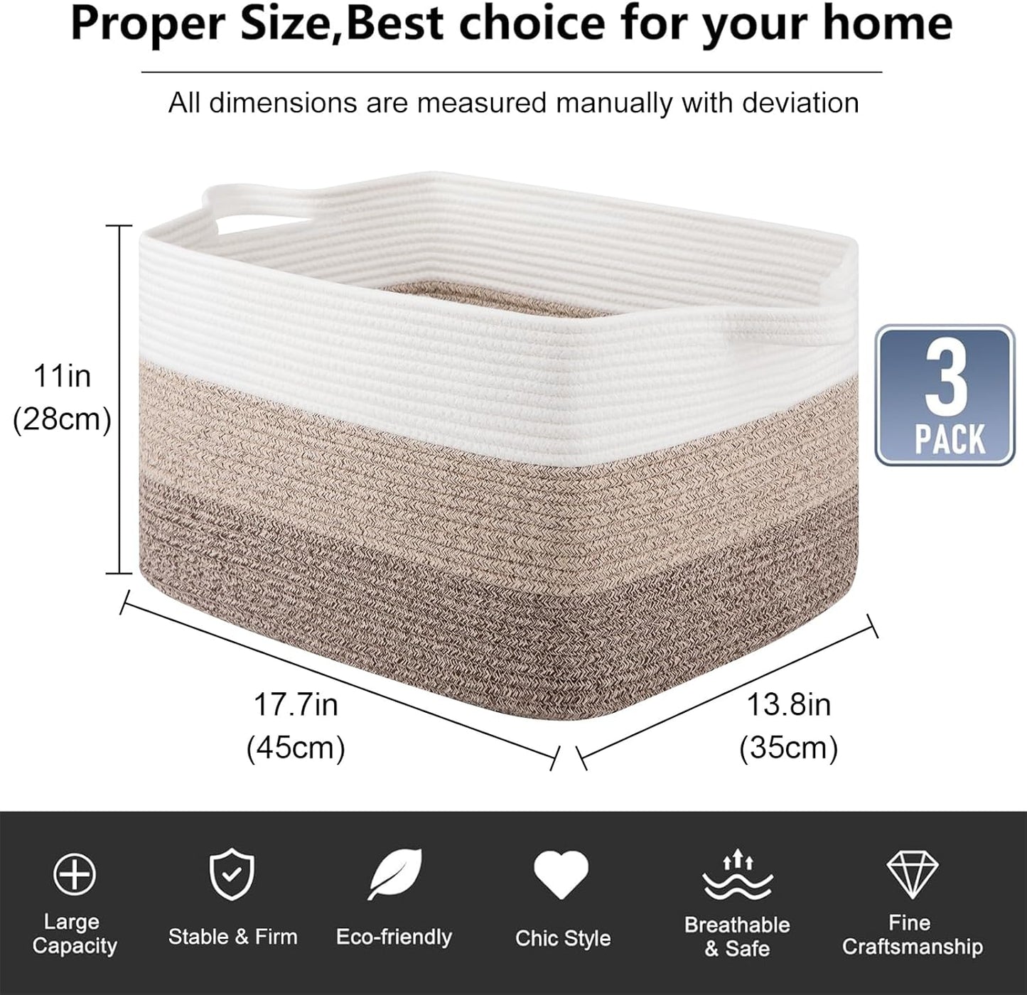 OIAHOMY Rectangle Woven Storage Basket - Nursery Cotton Rope Baskets for Storage, Toy Basket