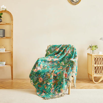 MSGKV Boho Throw Blanket for Couch Bed Chair 100% Cotton Muslin Breathable Floral Blanket 50"x60"