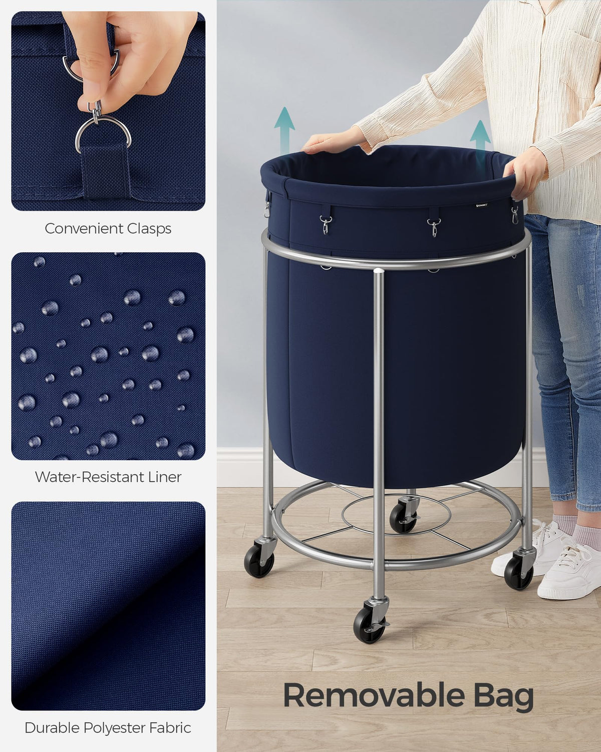 SONGMICS Laundry Basket, Rolling Steel Frame with 2 Locking Wheels, 190 L