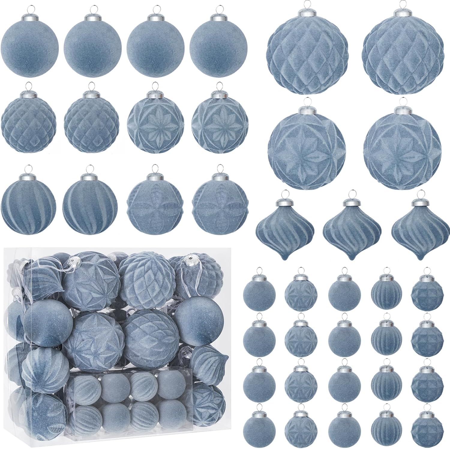 46PCS Velvet Christmas Ball Ornaments Set, Flocked Shatterproof Xmas Tree Decor, Assorted Hanging