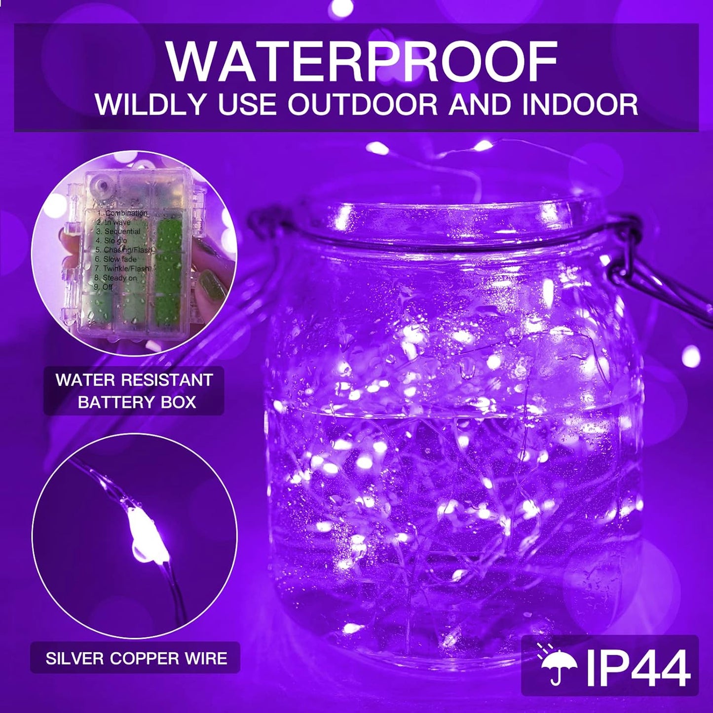 suddus Hallowee Purple Lights Battery Operated, 66ft 200 LED Twinkle Lights Battery Operated