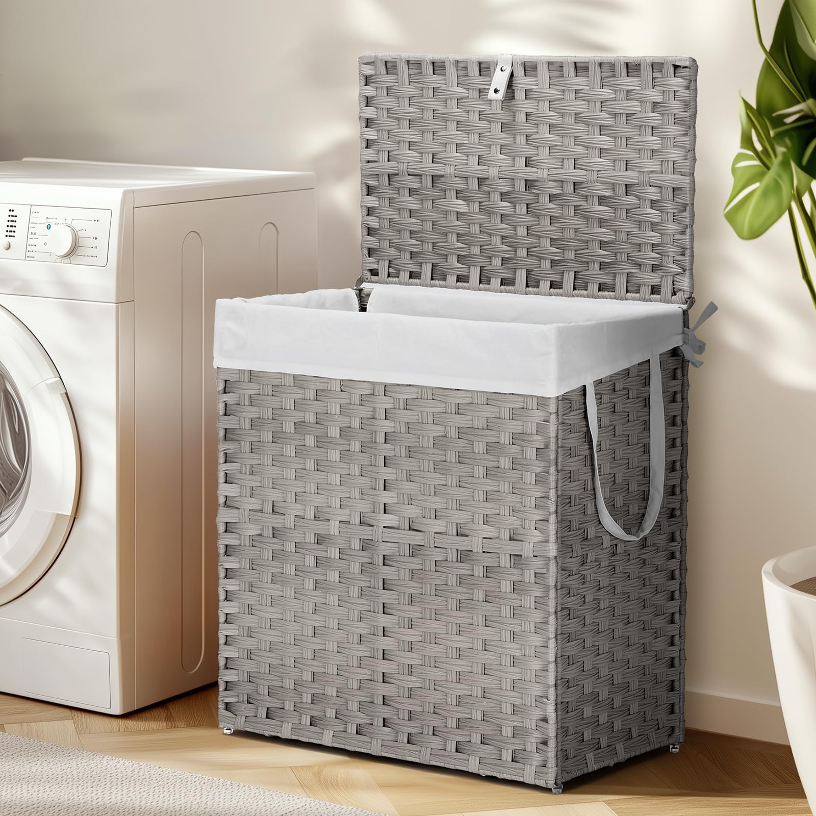 DUMOS Wicker Laundry Basket with Lid, 110L Woven Laundry Hamper with Handles, Foldable Rattan