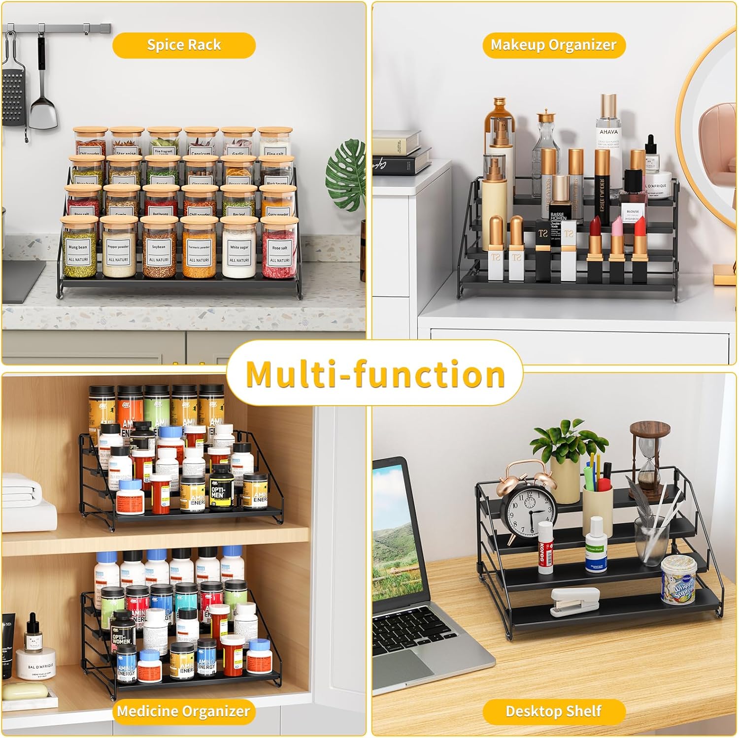 RCHYFEED Spice Rack Organizer for Cabinet Pantry,4 Tier Spice Rack Countertop, Depth Adjustable