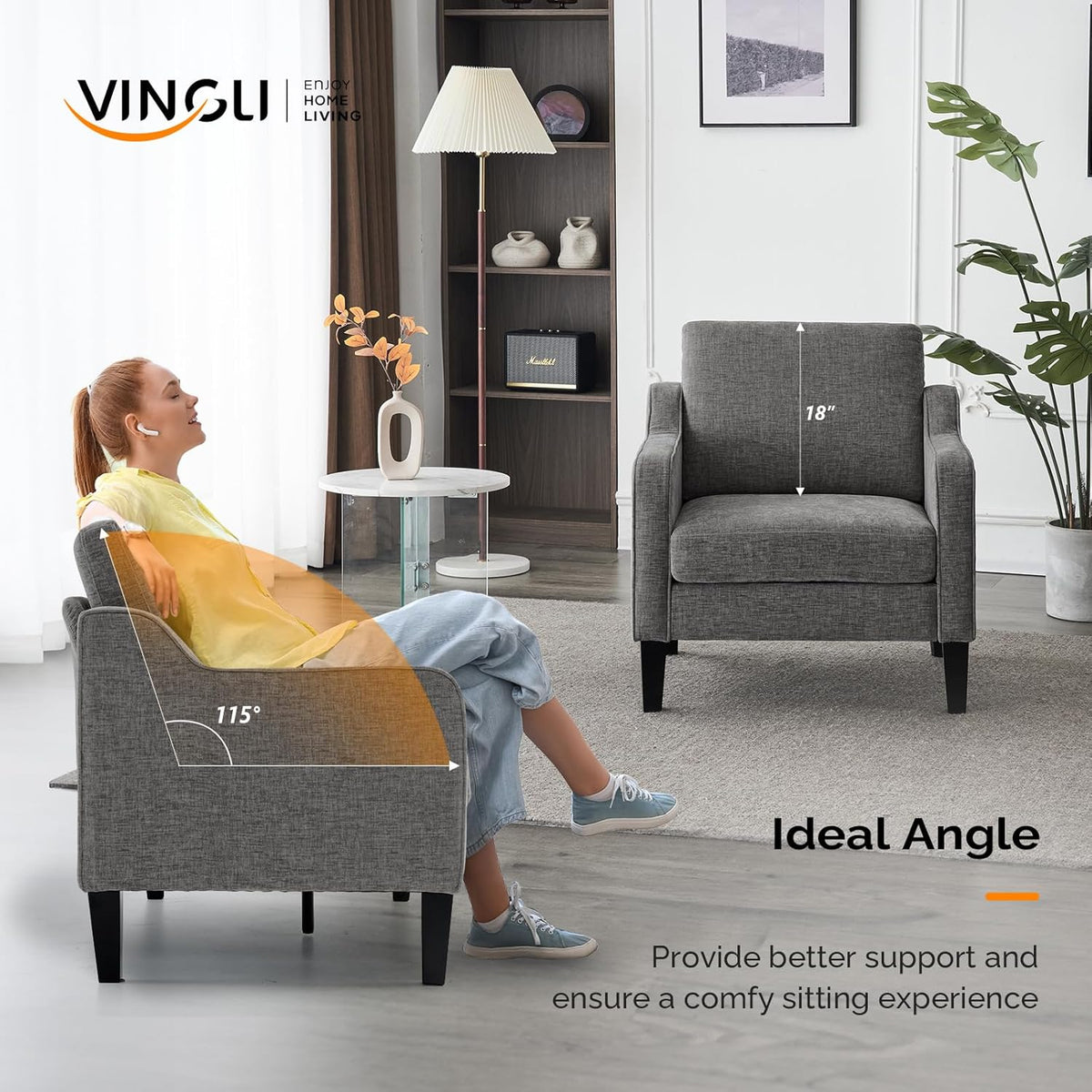 VINGLI Accent Chairs Set of 2 for Living Room, Light Grey Mid Century Modern Chair Soft Chenille