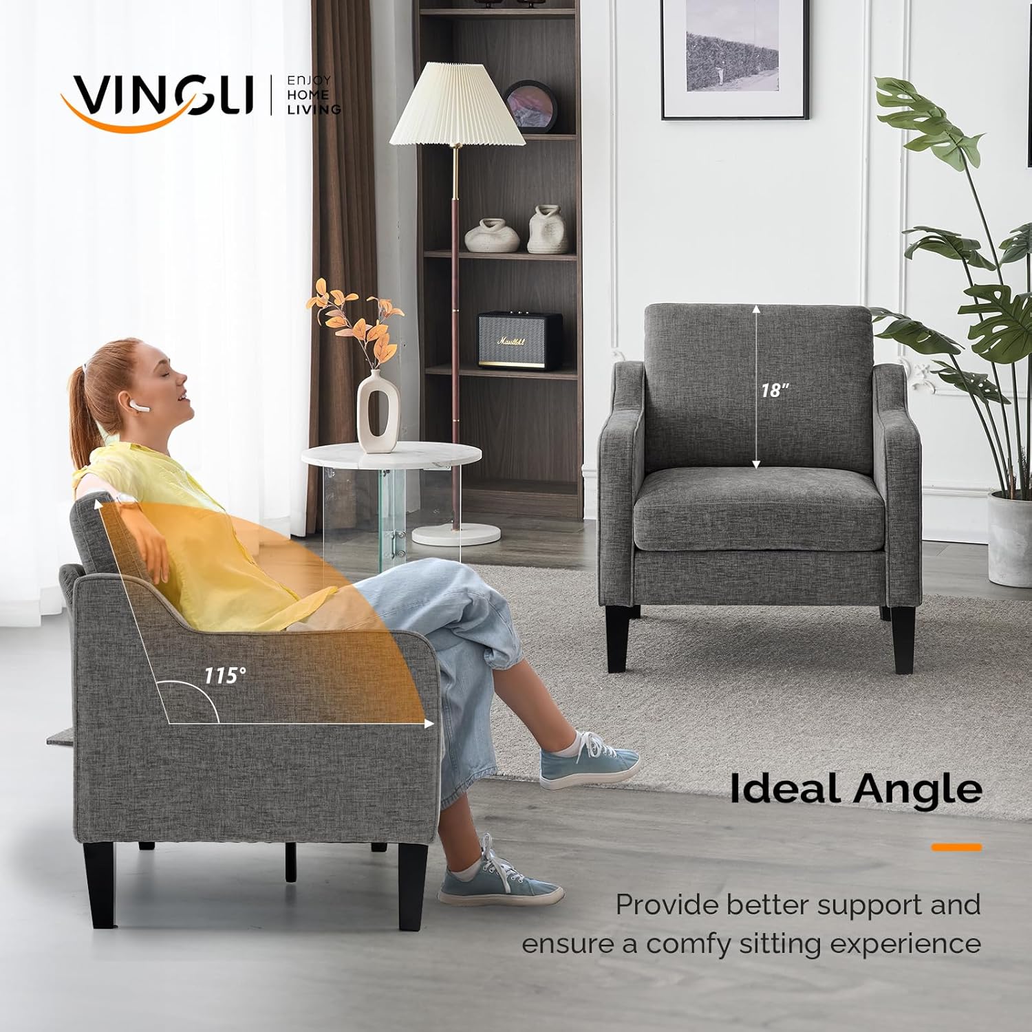 VINGLI Accent Chairs Set of 2 for Living Room, Light Grey Mid Century Modern Chair Soft Chenille