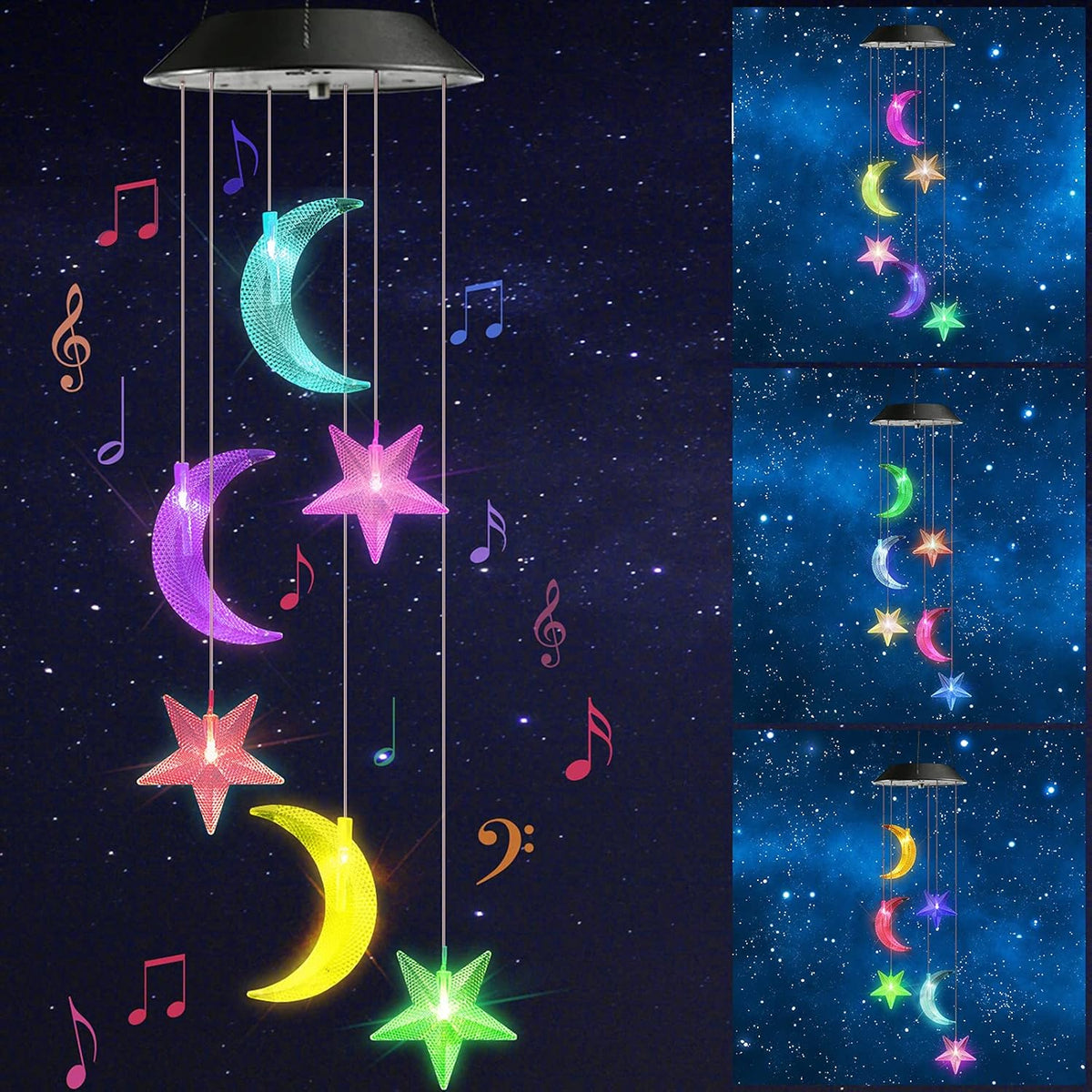 Toodour Solar Wind Chimes, Color Changing Wind Chimes Moon and Star, LED Decorative Mobile, Gift