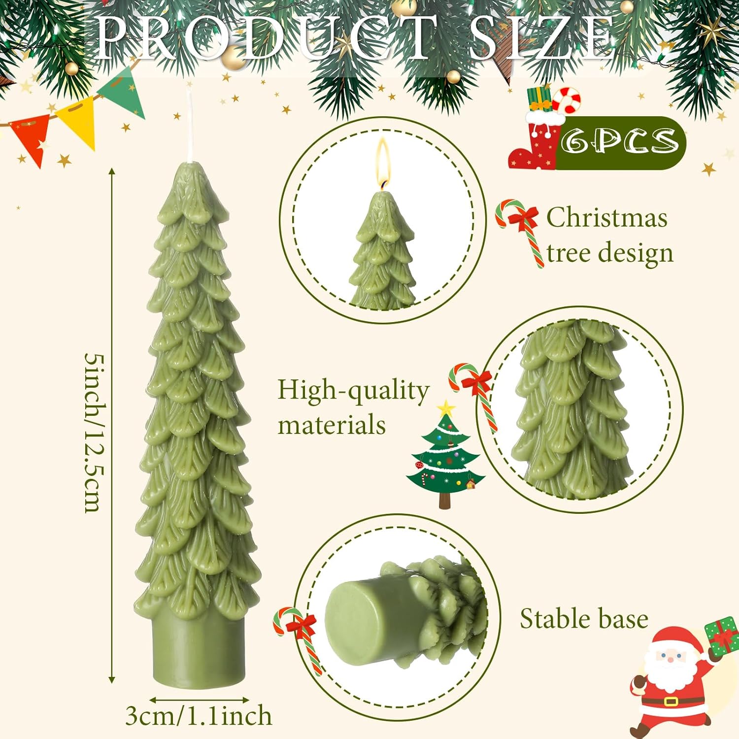 6 Pcs Christmas Tree Shaped Candles Xmas Wax Scented Candles Light Green Decorative Christmas Tree