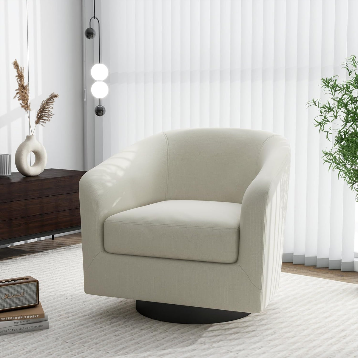 Swivel Barrel Accent Chair, Modern Round Linen Arm Chair for Living Room, Bedroom, Comfy Club