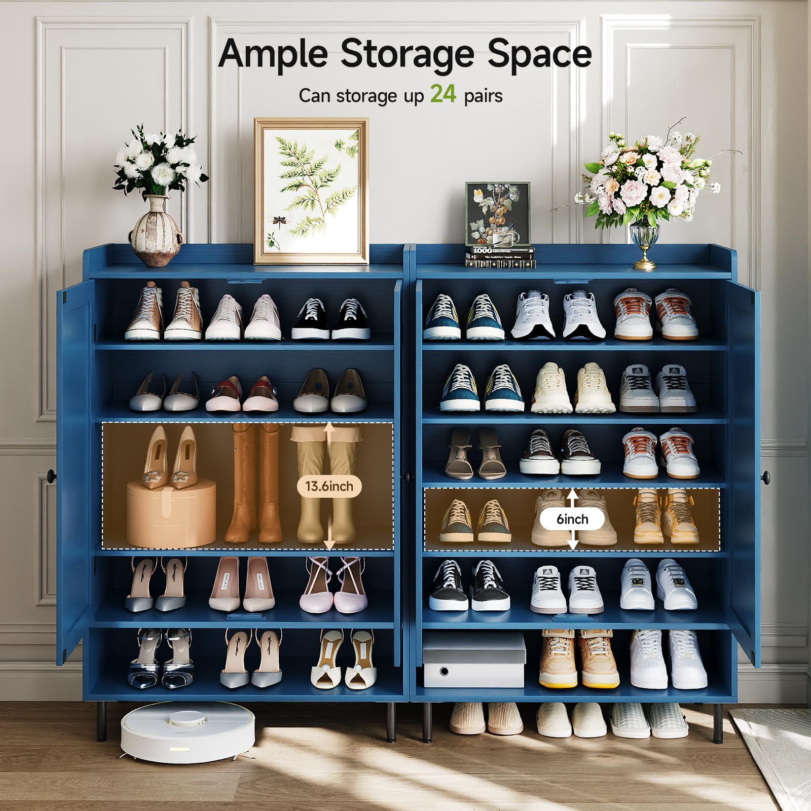 ComfyCorner Shoe Cabinet with Cross Molding Doors, 6-Tier Storage, Blue
