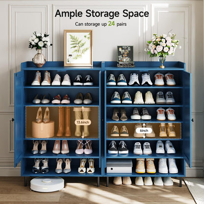 ComfyCorner Shoe Cabinet with Cross Molding Doors, 6-Tier Storage, Blue