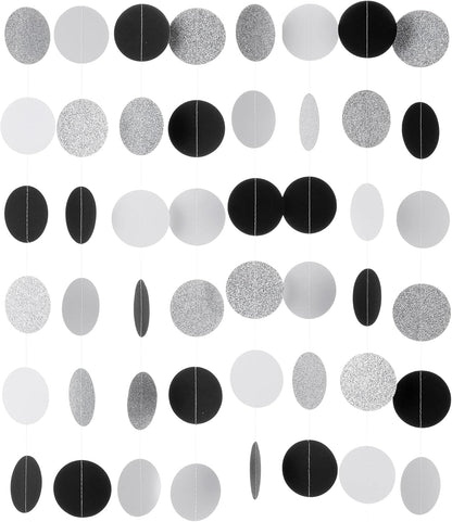 Black White Silver Glitter Paper Garland Circle Dot Streamer Banner for Graduation Bridal Shower