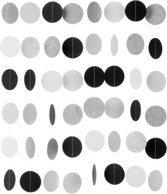 Black White Silver Glitter Paper Garland Circle Dot Streamer Banner for Graduation Bridal Shower