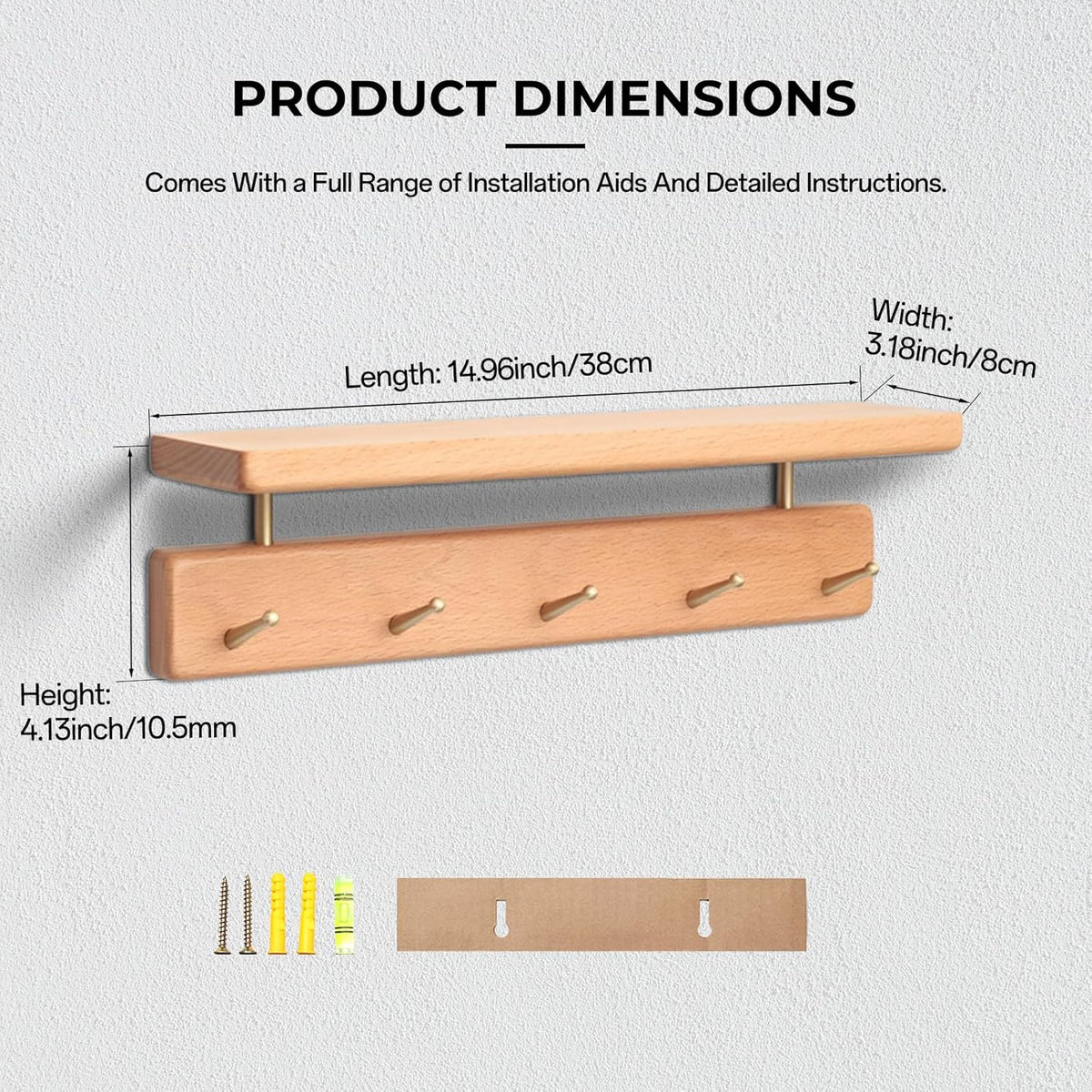 Shelf with Hooks, Solid Wood Bedroom Shelves for Wall, Wooden Coat Rack Wall Mount for Bathroom