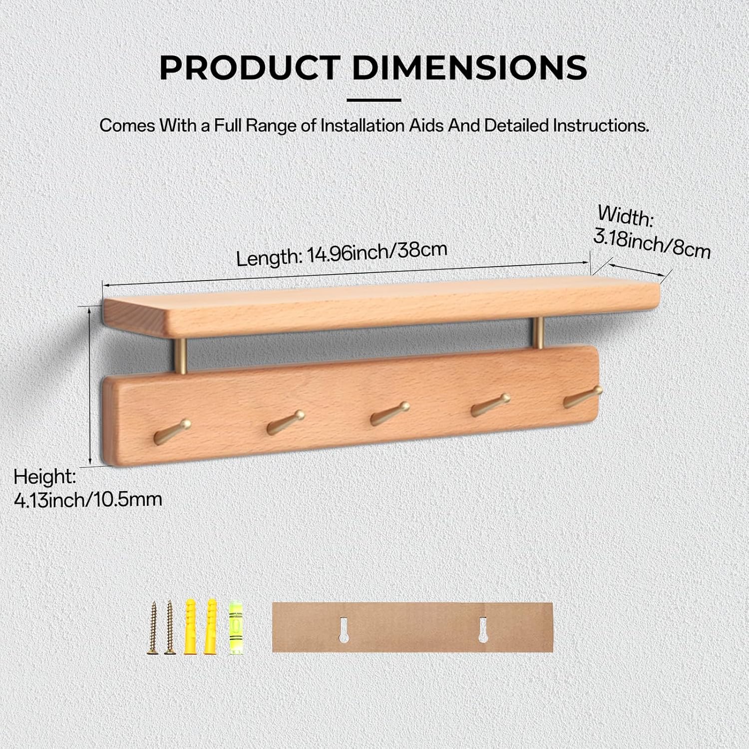 Shelf with Hooks, Solid Wood Bedroom Shelves for Wall, Wooden Coat Rack Wall Mount for Bathroom