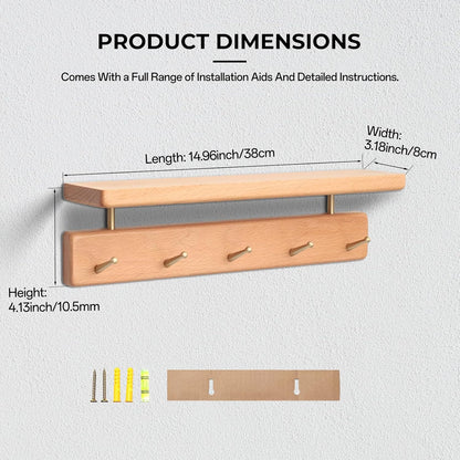 Shelf with Hooks, Solid Wood Bedroom Shelves for Wall, Wooden Coat Rack Wall Mount for Bathroom