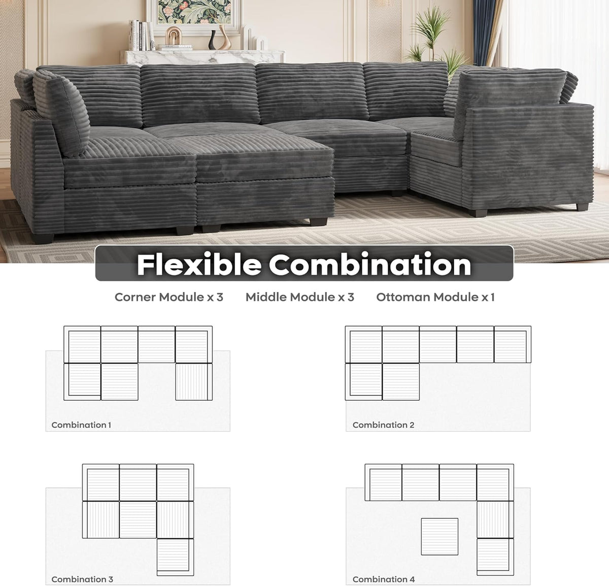ovios Sectional Sofa Couch with U-Shape Chaise Sofa Bed, Comfy Modular Cloud Couches with Deep