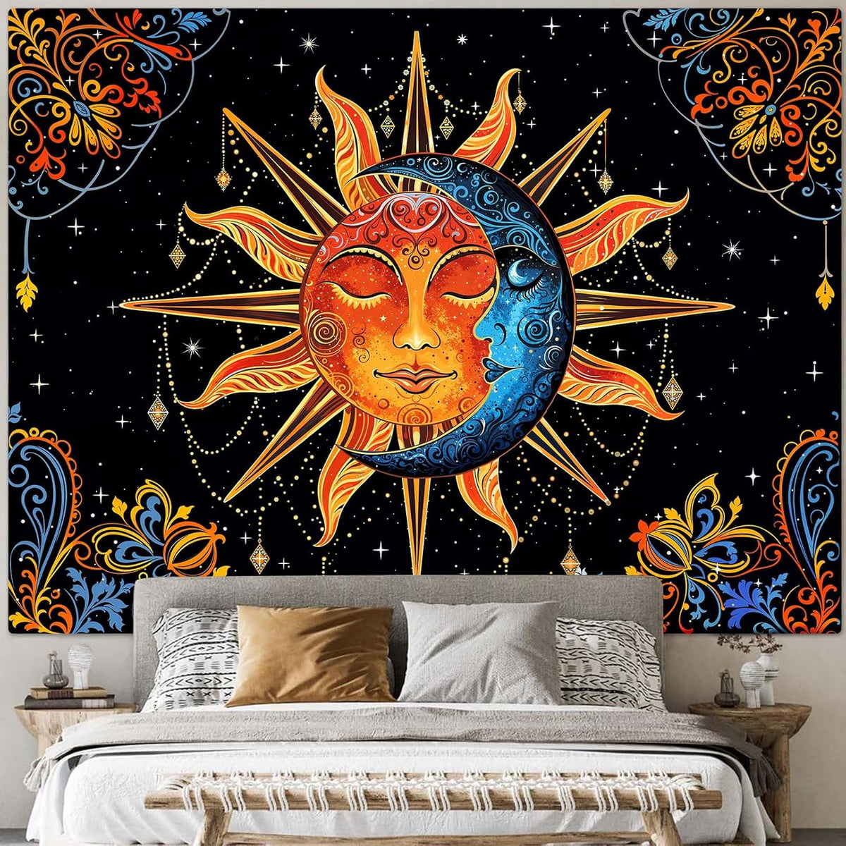 Lunerfex Sun and Moon Tapestry Mandala Wall Tapestry, Cute Tapestries for Bedroom Ceiling