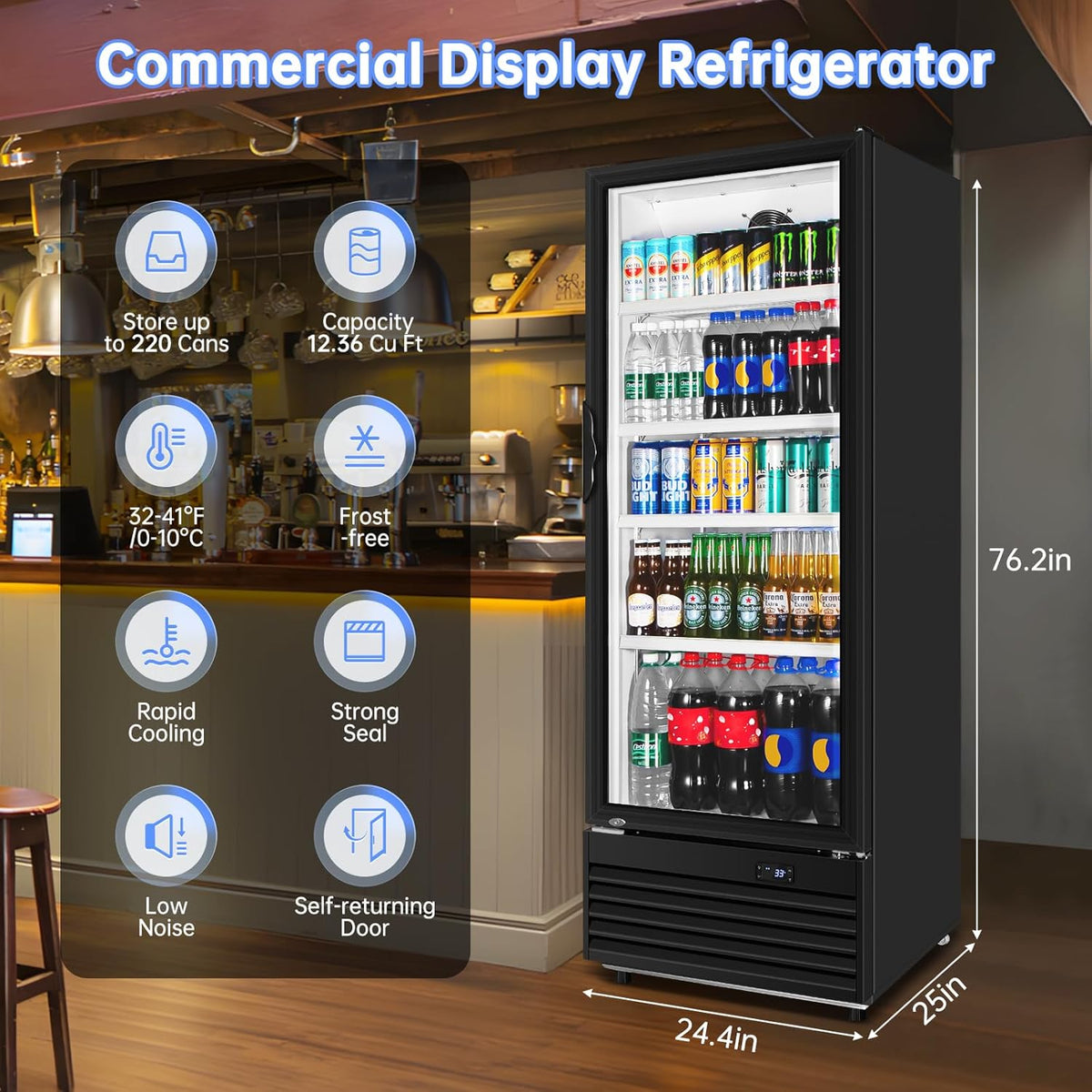 Commercial Beverage Refrigerator, 24.5 Inch 15 Cu. Ft. Drink Fridge, Display Refrigerator with