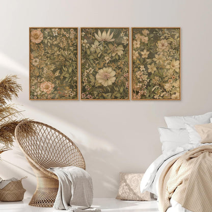 SIGNINART Vintage Floral Framed Canvas Wall Art Set of 3, Mid Century Modern Wildflower Wall Decor