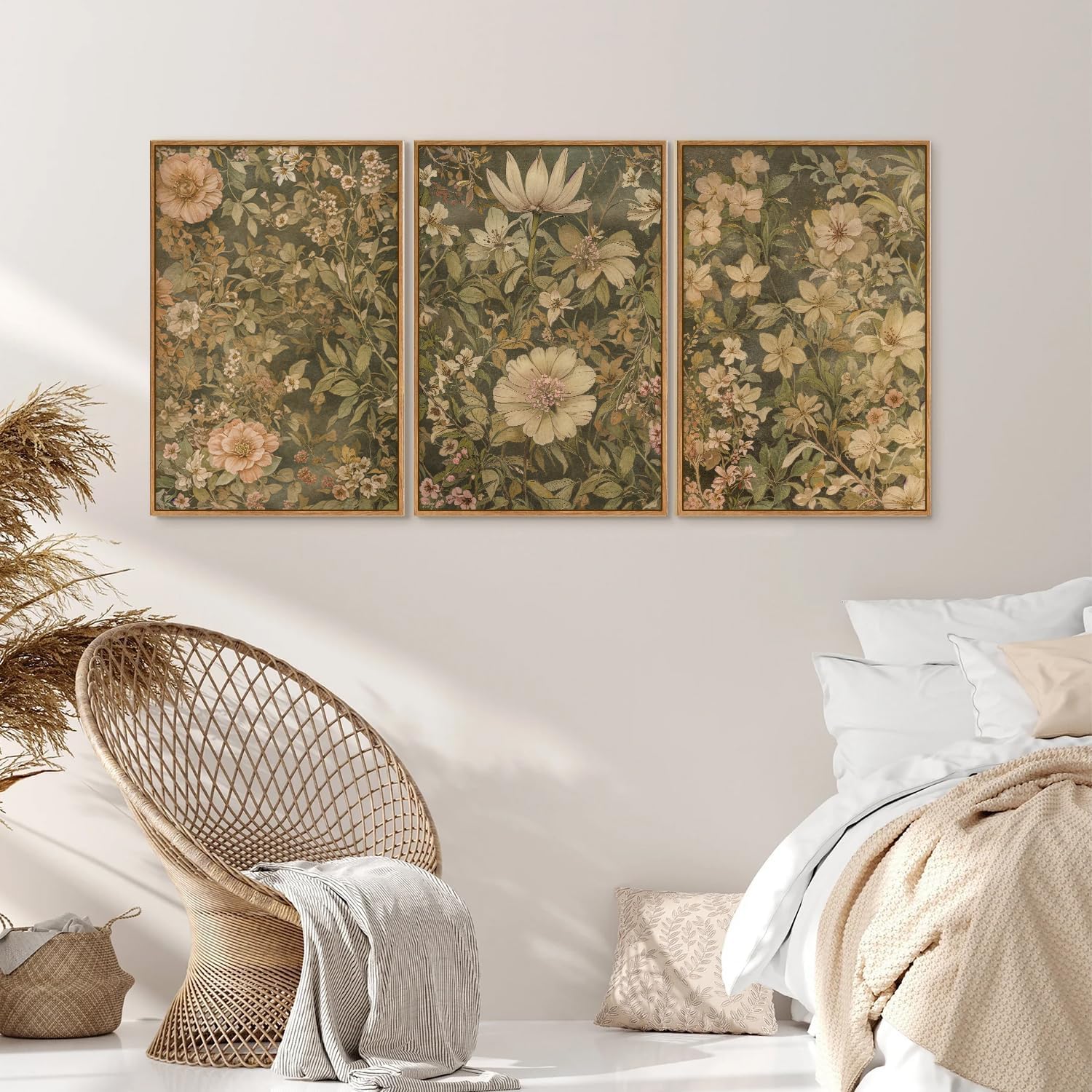 SIGNINART Vintage Floral Framed Canvas Wall Art Set of 3, Mid Century Modern Flowers Wall Decor