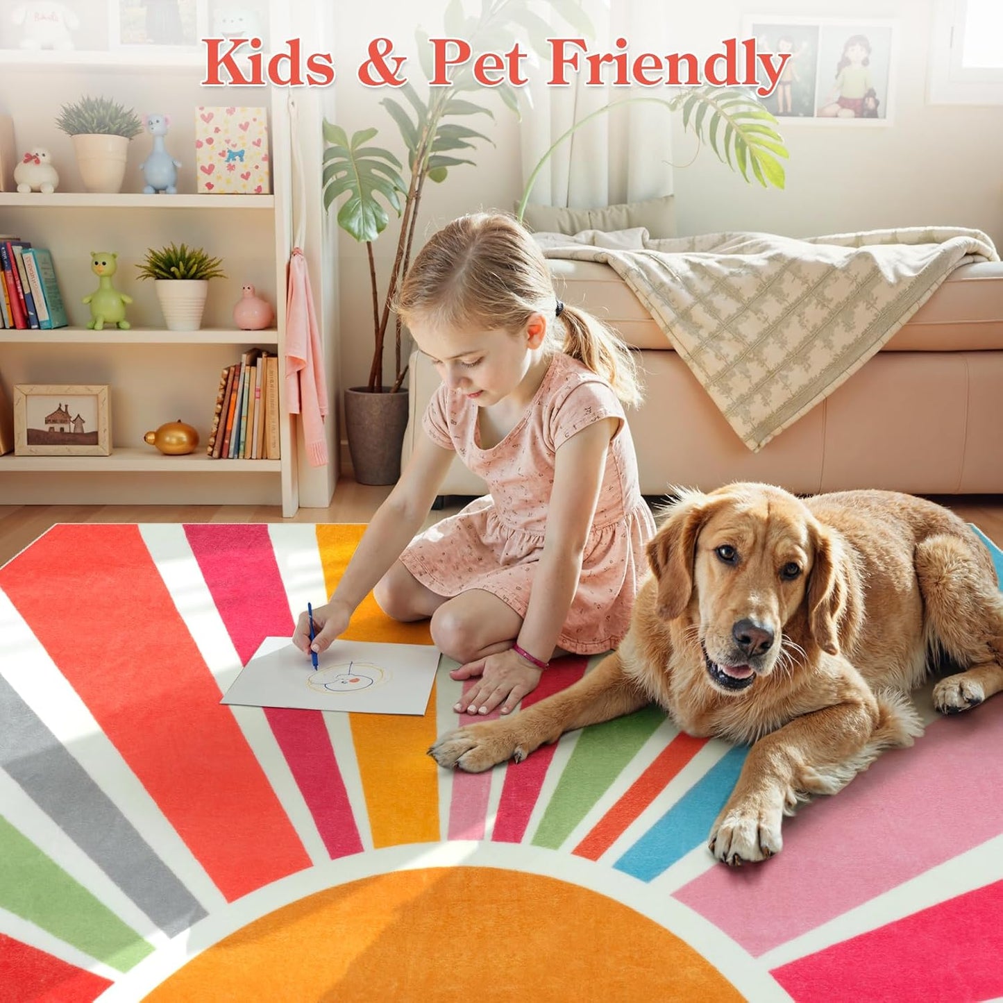 STARUIA Boho Machine Washable 6x9 Area Rugs for Living Room, Soft Non-Slip Large Sun Rainbow