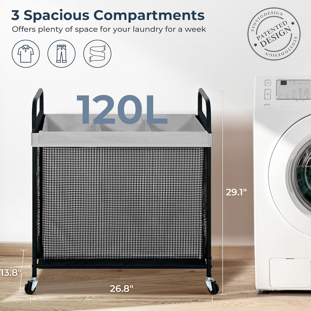 STO STO Laundry Hamper 3 Section, 120L Rolling Laundry Sorter Cart with Removable and Washable