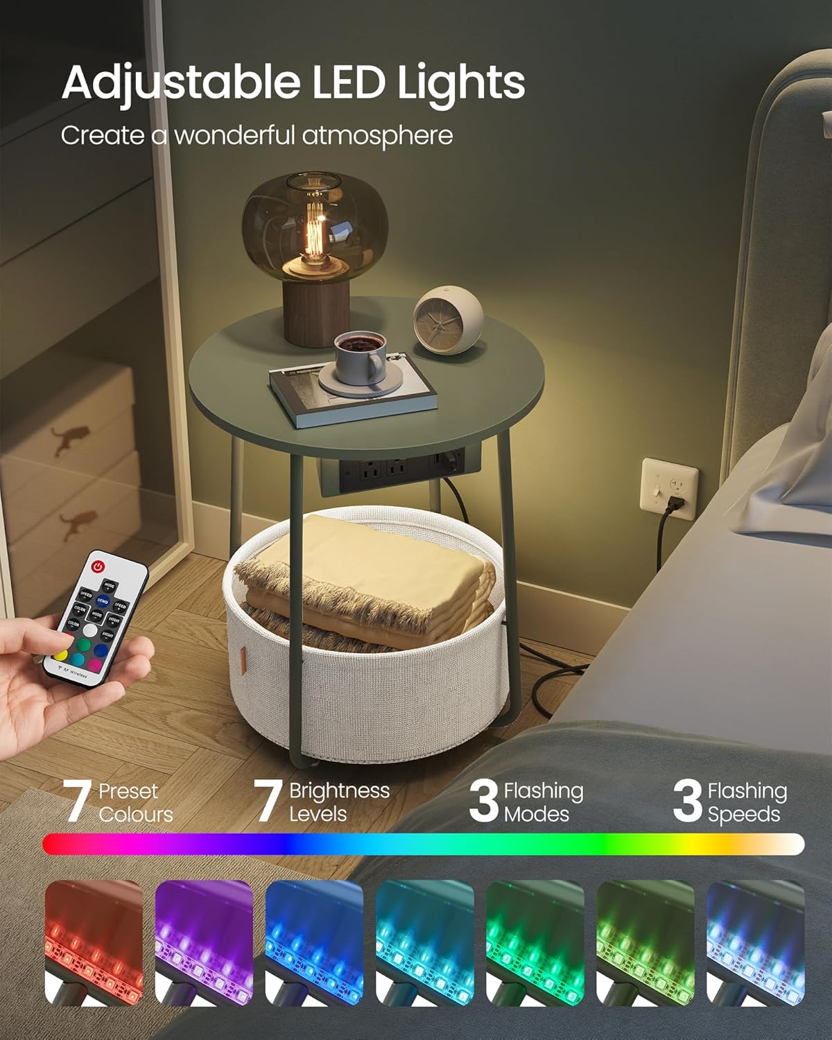 VASAGLE Side Table with Charging Station, Round End Table with Fabric Basket, LED Nightstand with