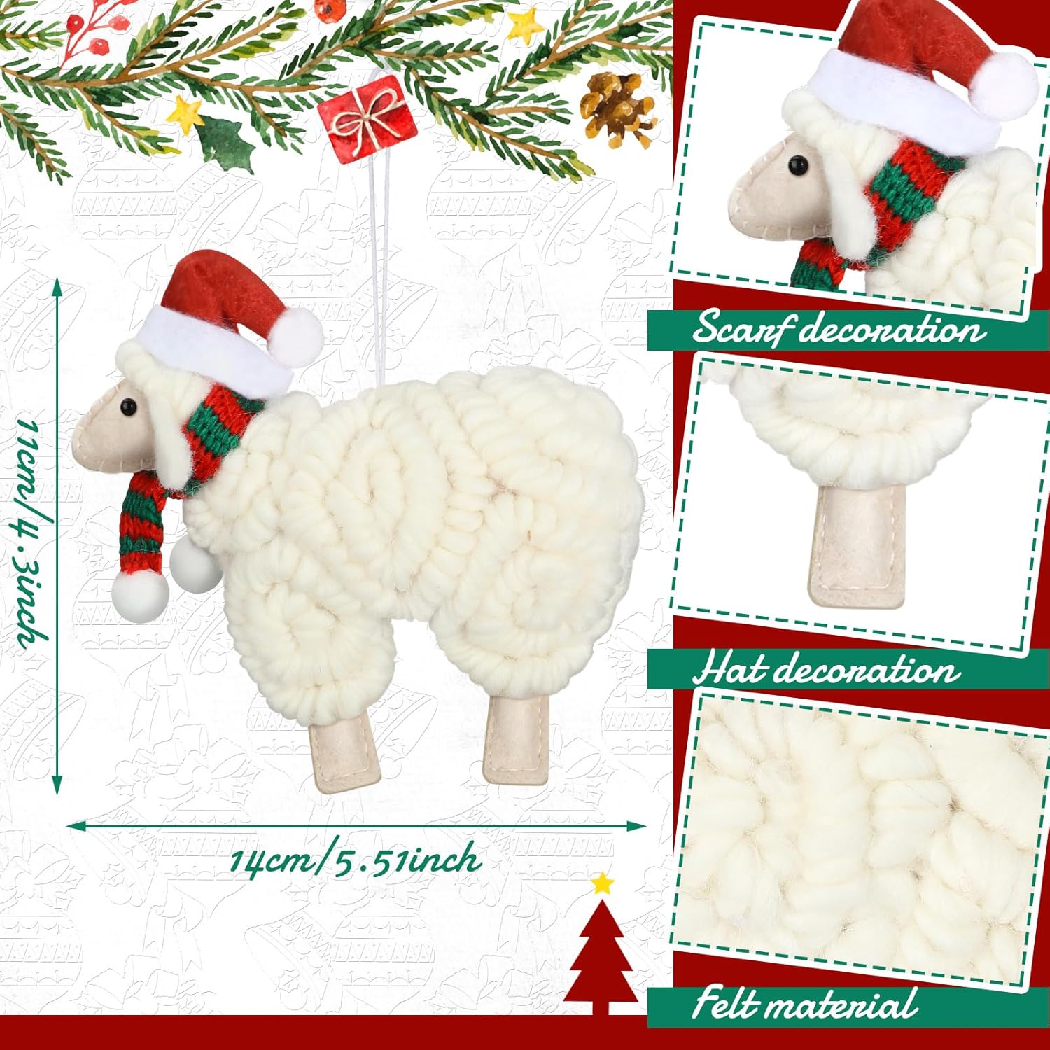 Jenaai 3 Pieces Felt Sheep Christmas Ornaments Sheep Decorative Hanging Ornaments Vintage Farm