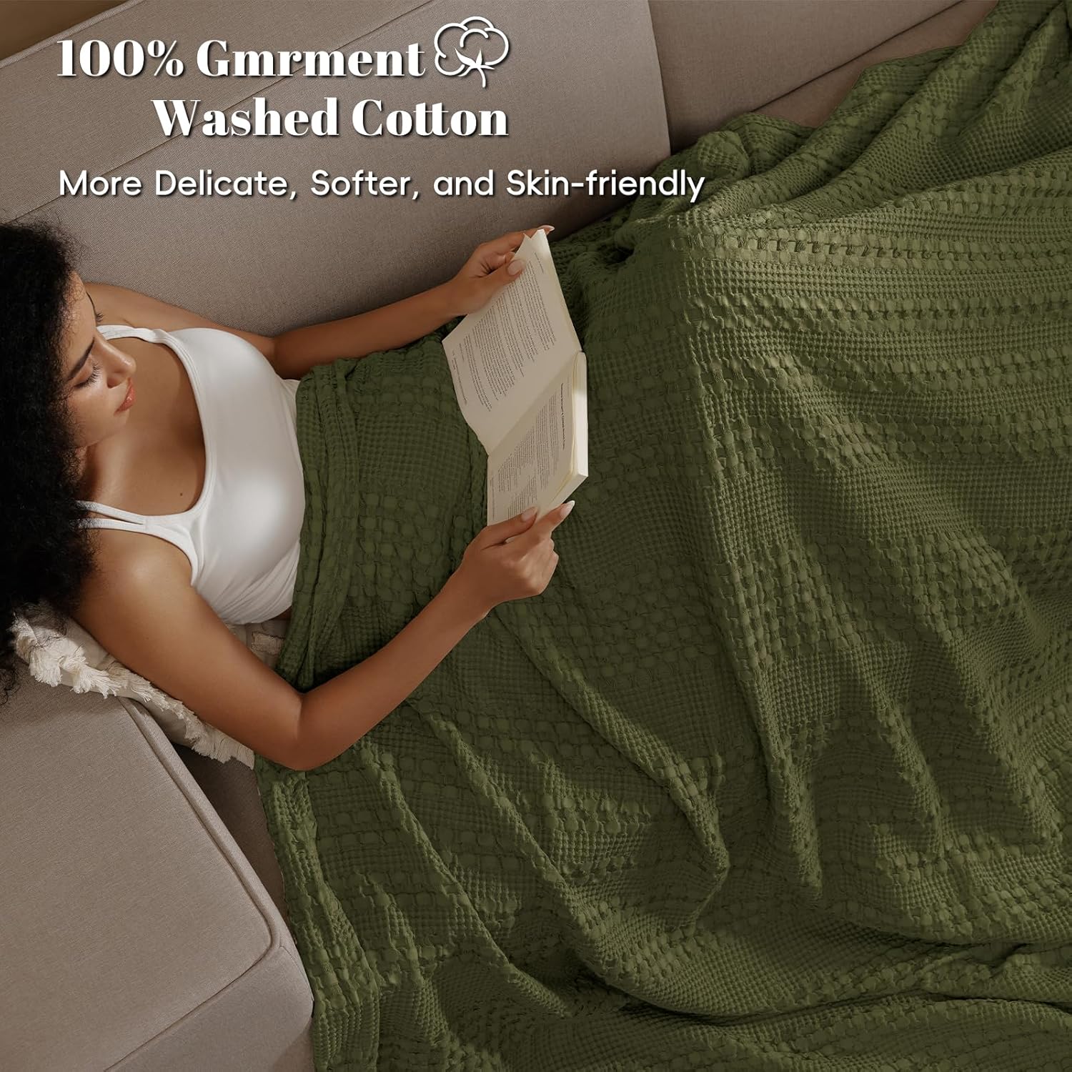 PHF 100% Cotton Waffle Weave Blanket Queen Size, Soft Lightweight Breathable Cozy Summer Blankets