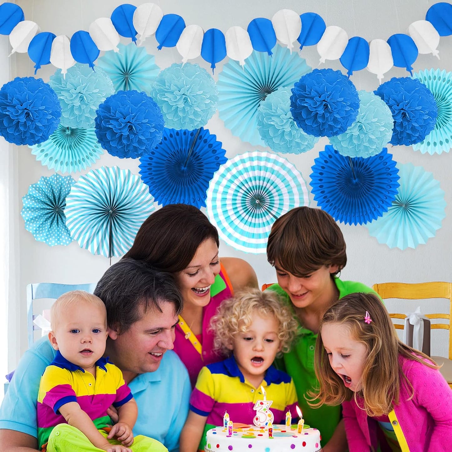 Party Decorations, Blue Papar Fans Pompoms Garlands for Men Boy Fathers Day Graduation Bachelorette