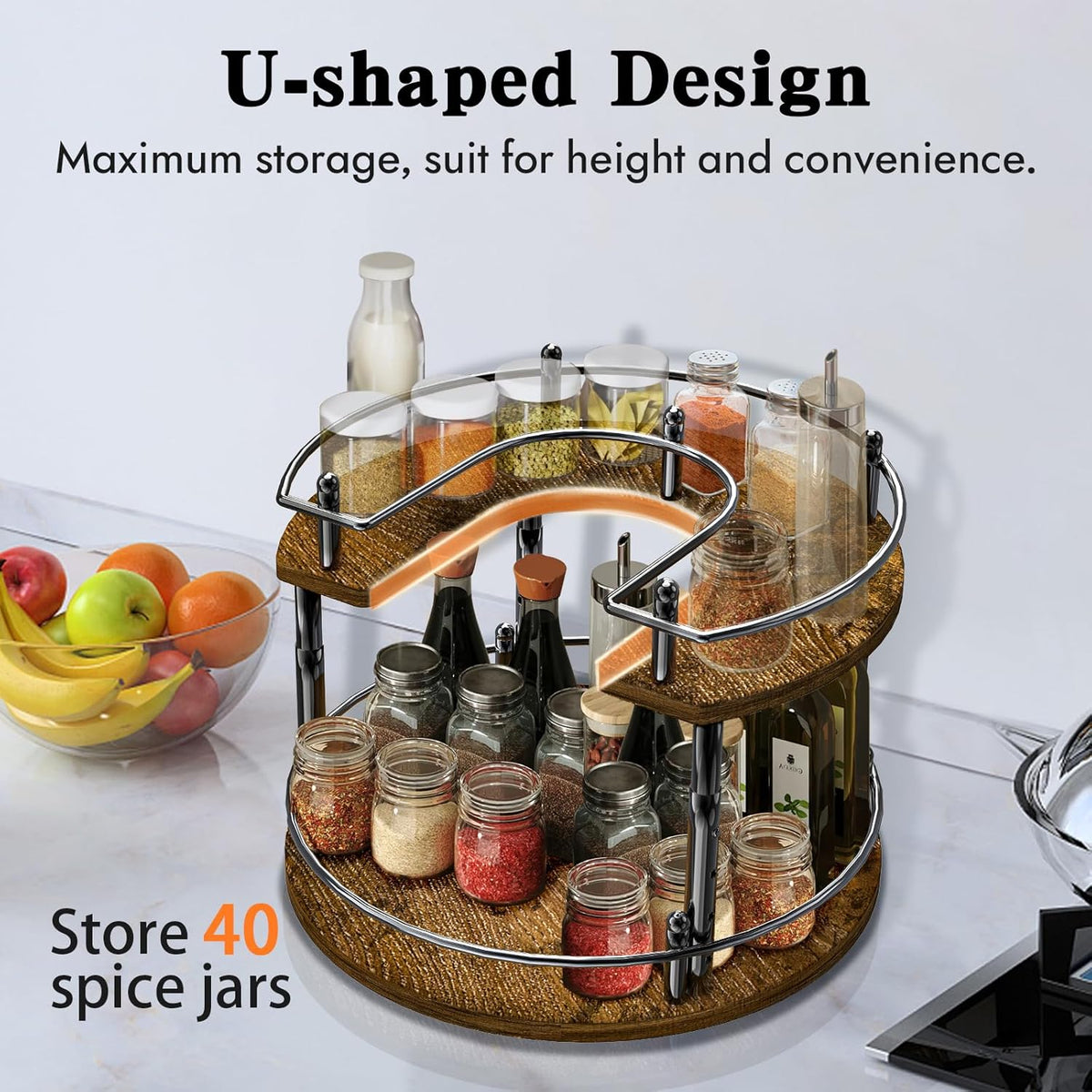 2-Tier Lazy Susan Organizer Turntable Spice Organization U-Shape 11.8" Rotating Spice Rack Height