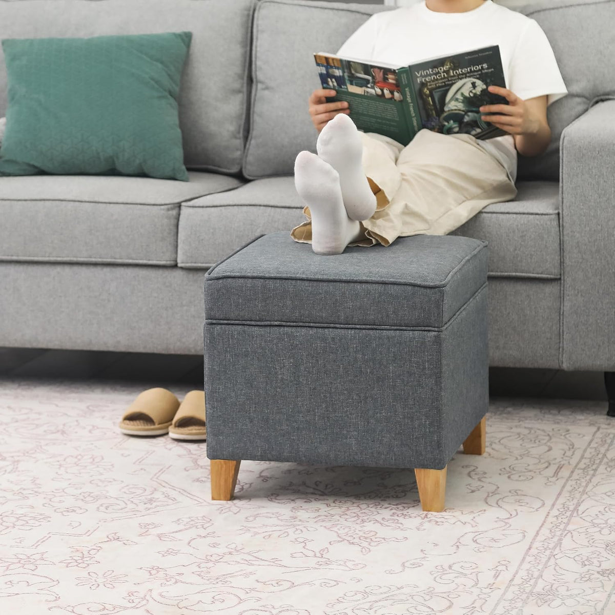 Adeco 17.5" Square Fabric Ottoman with Storage, Upholstered Cotton Linen Foot Rest, Flip Top