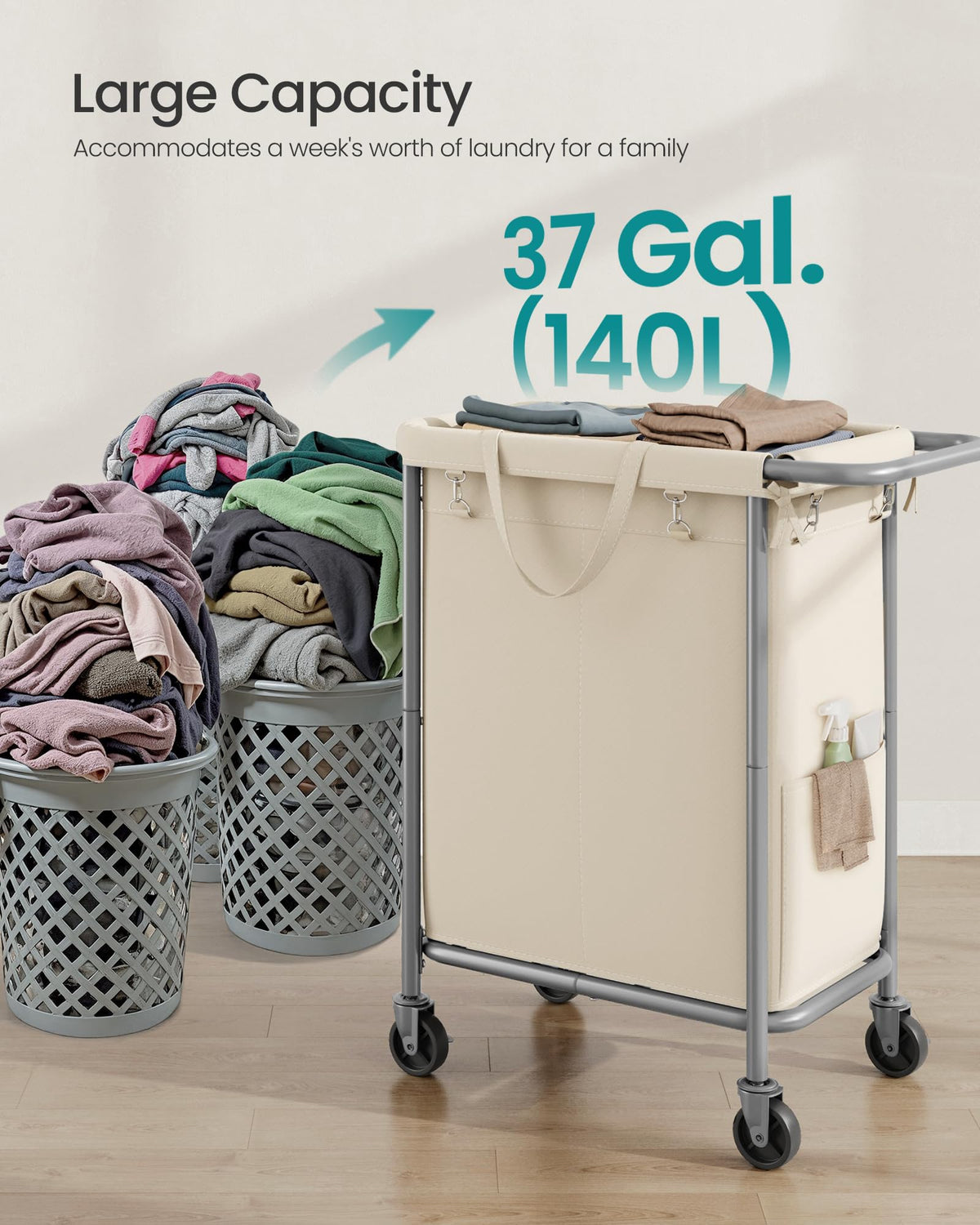 SONGMICS Laundry Basket with Wheels, 2-Section Rolling Laundry Hamper, 37 Gallons (140 L)