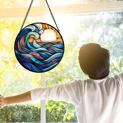 Stained Glass Window Hanging, Big Wave Sun Suncatcher Diamond Glass Panel Hangings Abstract Sun