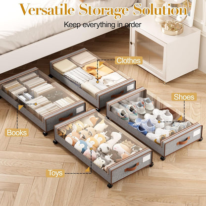 Yecaye Under Bed Storage with Wheels, 2 Pack Under Bed Storage Containers with Clear Lids & Label