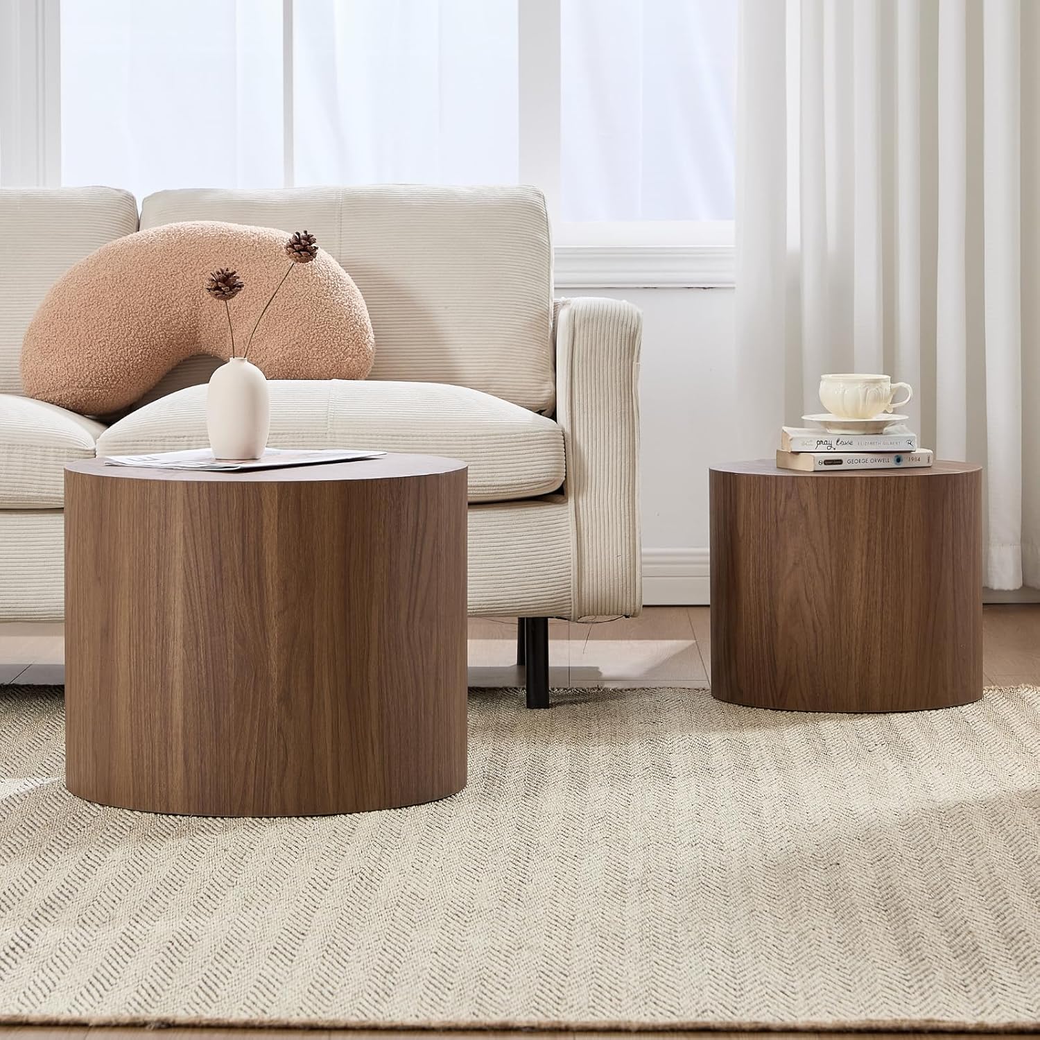 Round Coffee Tables Side Table Set of 2, Wood Nesting End Table for Living Room Balcony Office
