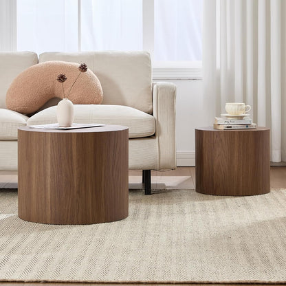 Round Coffee Tables Side Table Set of 2, Wood Nesting End Table for Living Room Balcony Office