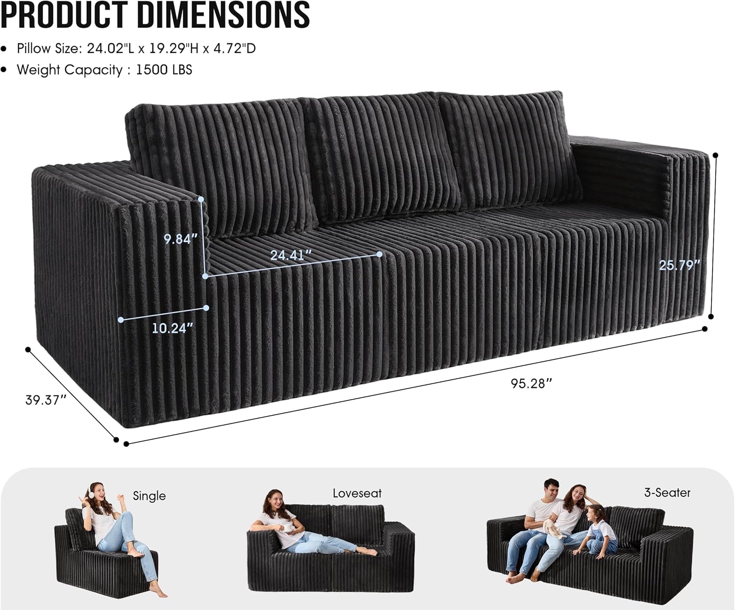 Modular Sectional Sofa 3-Seater Modular Couch with Deep Seat Memory Foam Cloud Chair with Pillows