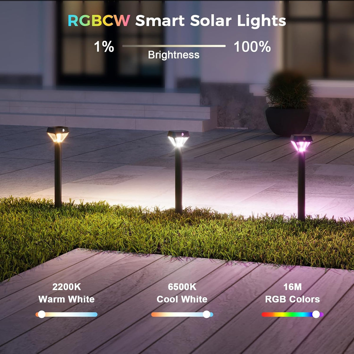 XMCOSY+ Smart Solar Lights Outdoor with Motion Sensor, 150LM APP Control RGBCW Color Changing