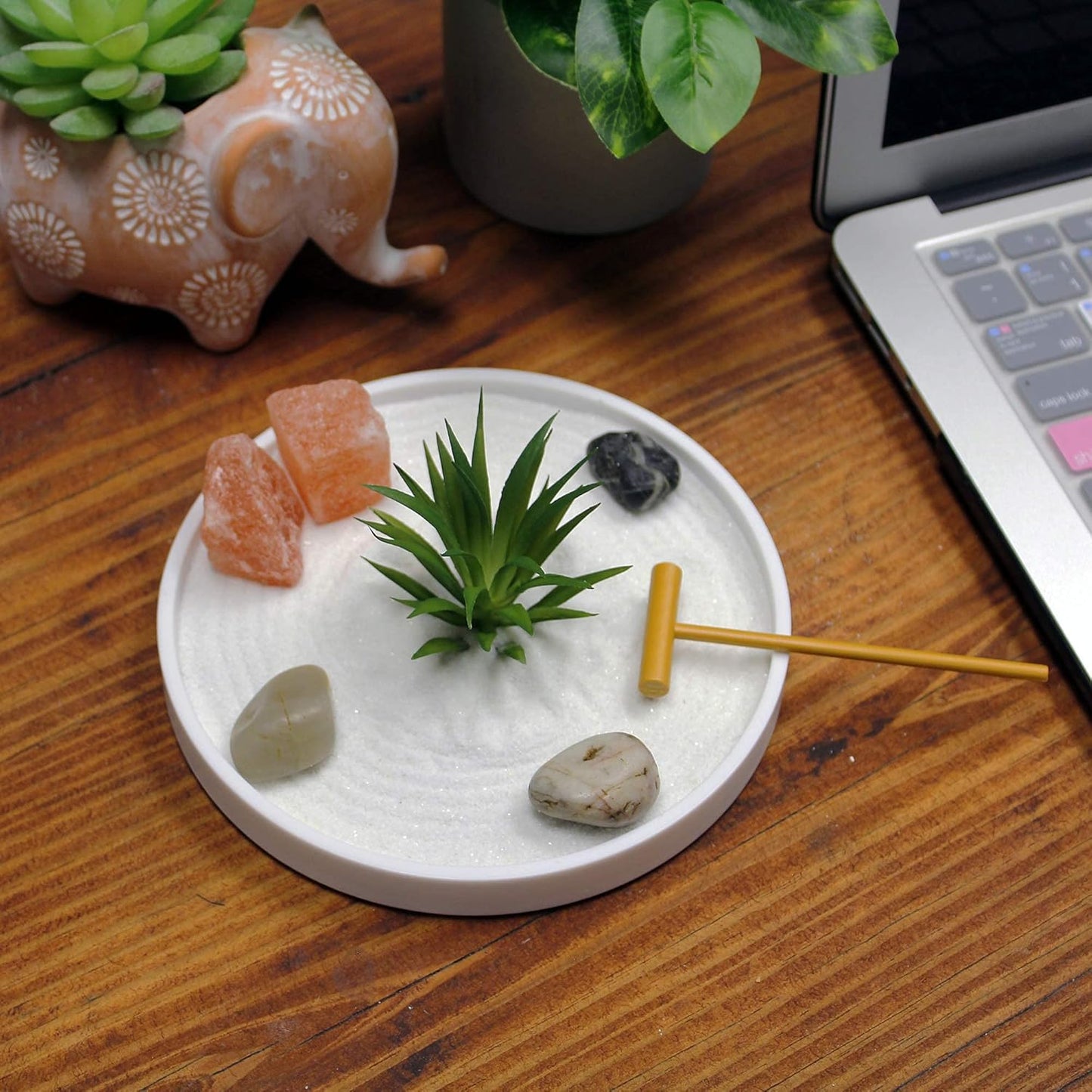 Nature's Mark Mini Zen Garden Kit for Desk with White Sand, Rake, White Base, Salt Rock and Air