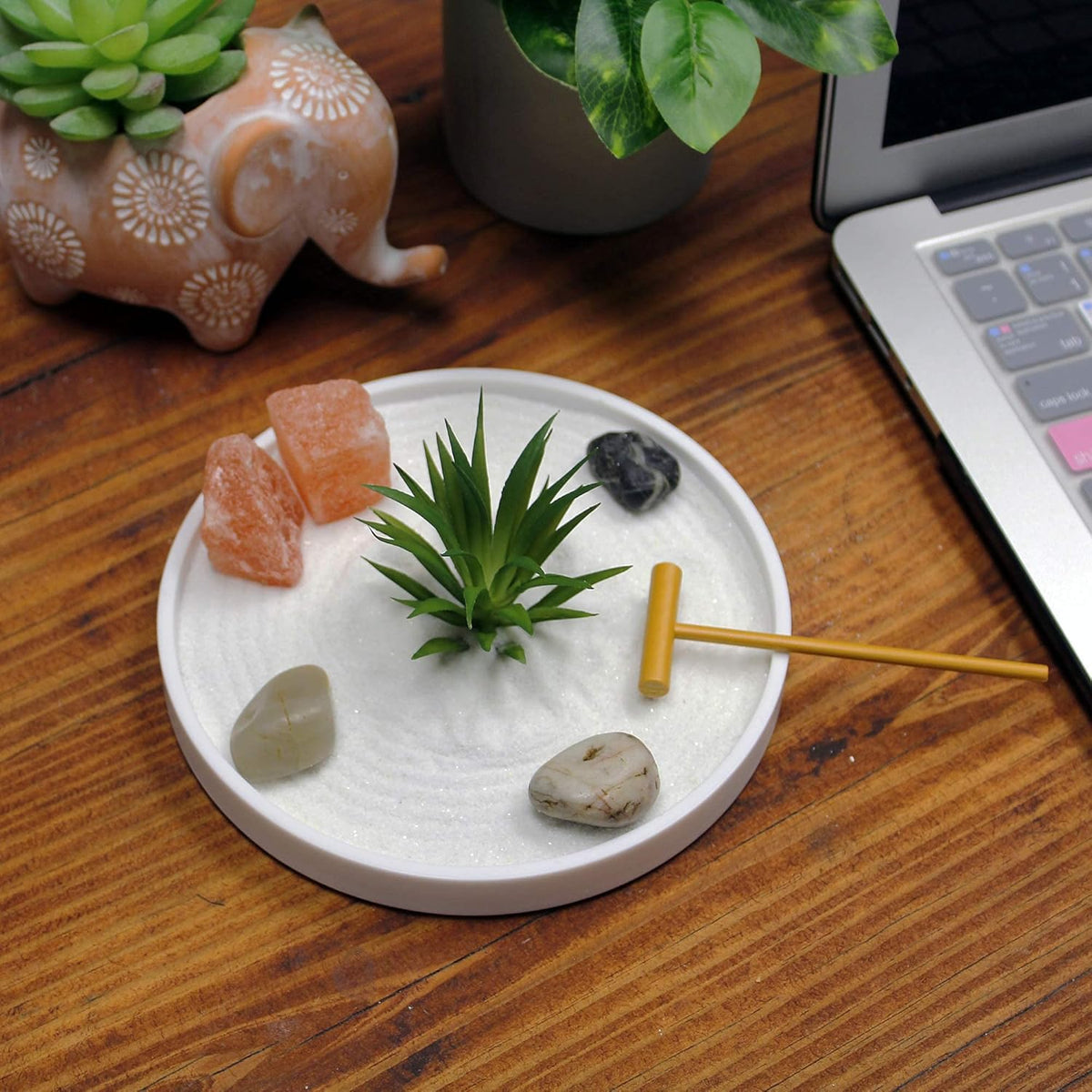 Nature's Mark Mini Zen Garden Kit for Desk with White Sand, Rake, White Base, Salt Rock and Air